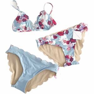 NWT Vanilla Beach Small Bikini Scallop Rose Blue Swim Top Bottoms 3pc LOT #BOX6